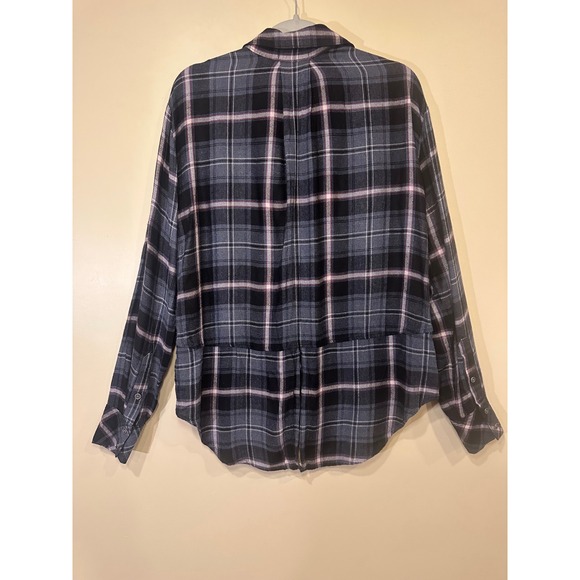 Anthropologie Cloth & Stone Plaid Shirt Black Gray Pink Medium Top Casual - Picture 4 of 7